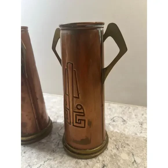 2 Gebrüder Bing Nuremberg Vases Circa 1900-10 Brass Copper Geometric JL